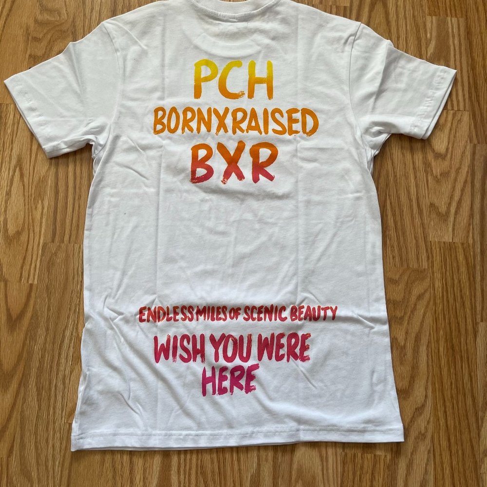 BORN X RAISED White Tee with Orange and Pink Text